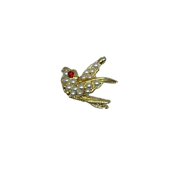 Vintage Flying Bird Pin Faux Pearl Encrusted Red Crystal Eye Gold Tone - Picture 3 of 3
